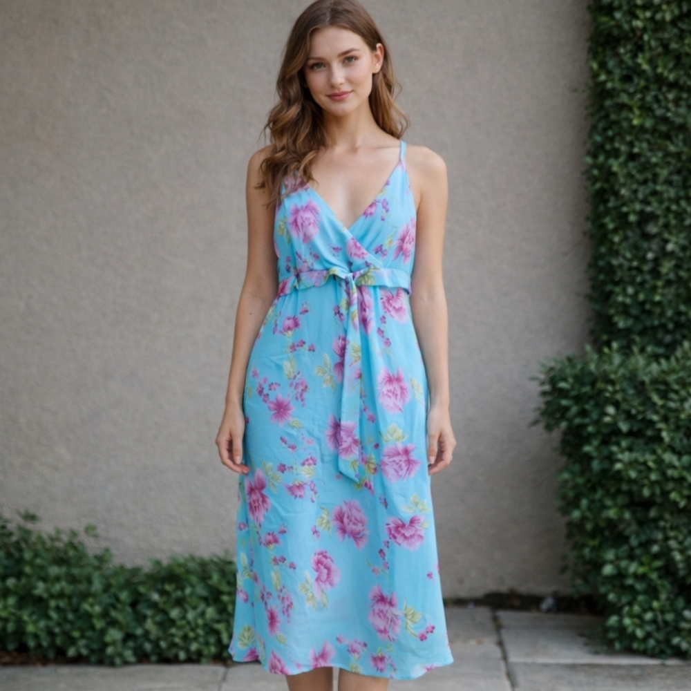 Stage II | Blue Pink Floral Midi Wedding Guest Dress